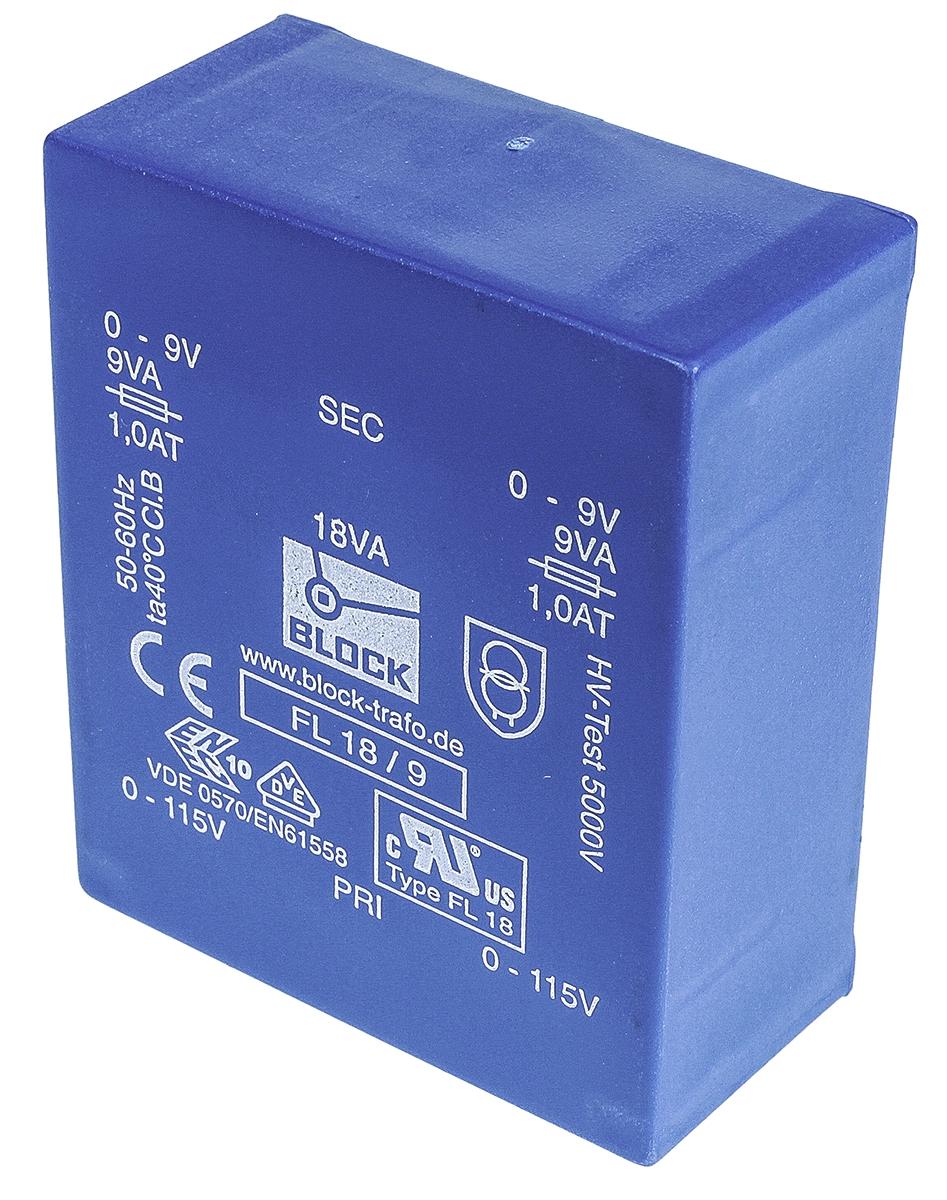 Block Printtrafo, Trafo 115V ac, 230V ac / 9V ac 18VA 2 Ausg. 68mm x 27.6mm x 57mm 375g Durchsteckmontage