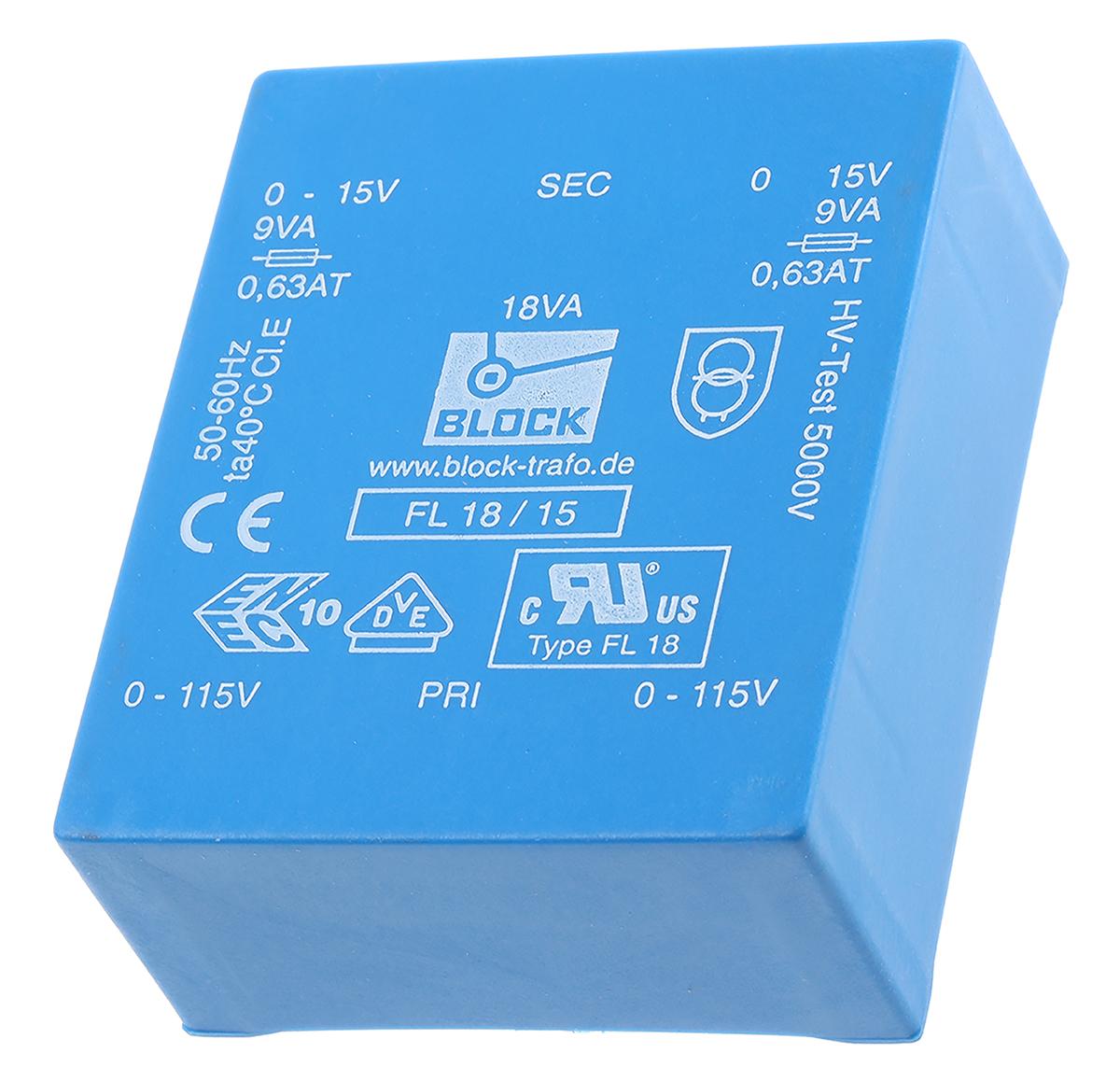 Block Printtrafo, Trafo 115V ac, 230V ac / 15V ac 18VA 2 Ausg. 68mm x 27.6mm x 57mm 375g Durchsteckmontage