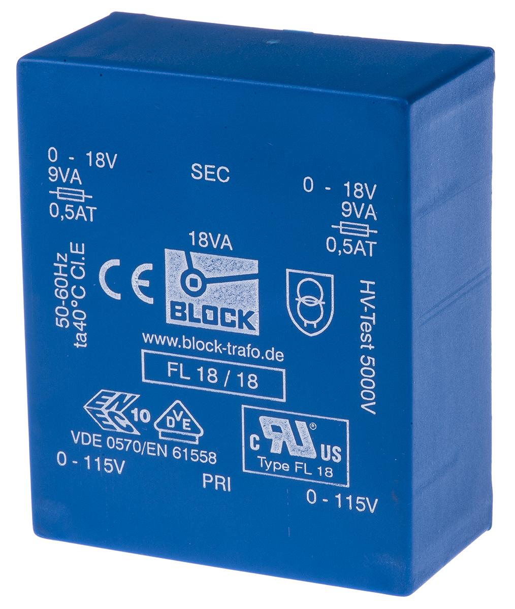 Block Printtrafo, Trafo 115V ac, 230V ac / 18V ac 18VA 2 Ausg. 68mm x 27.6mm x 57mm 375g Durchsteckmontage