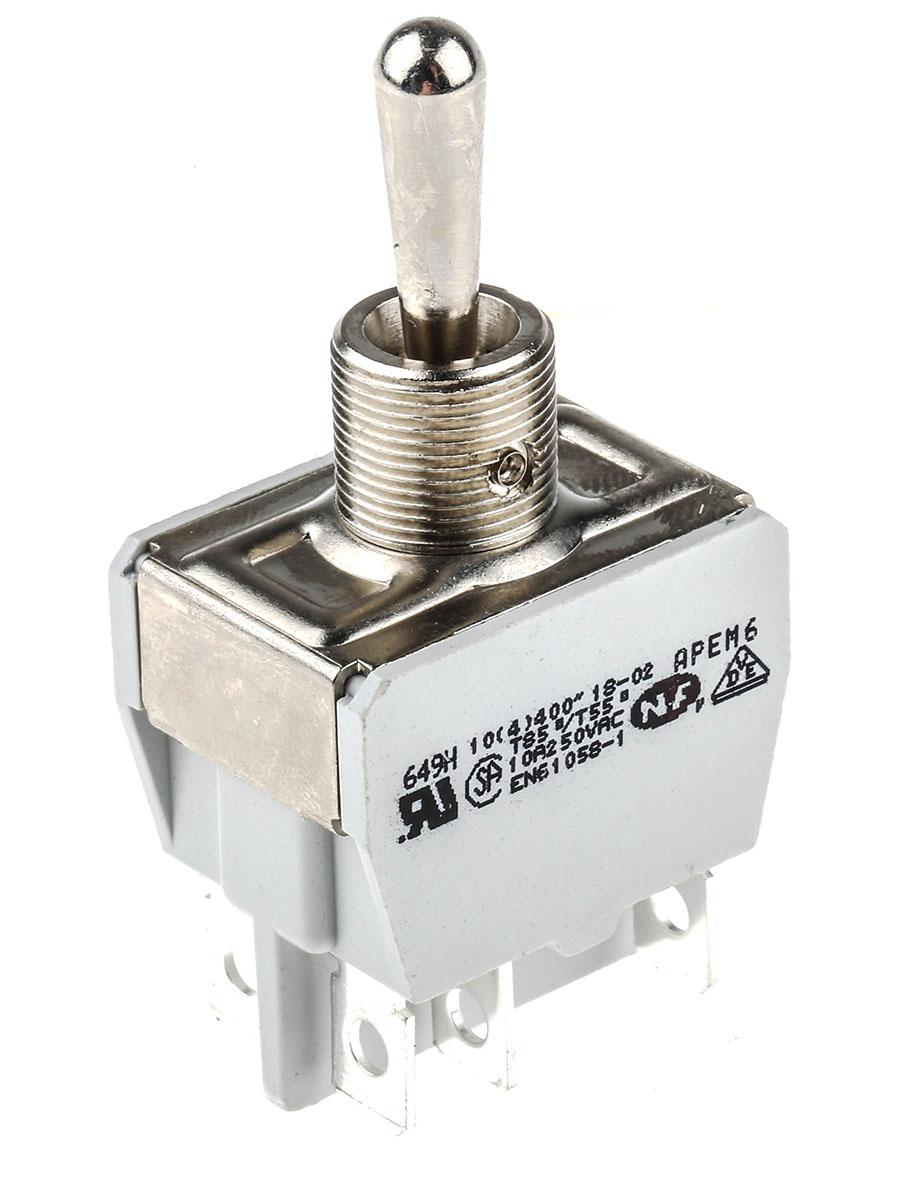 APEM Tafelmontage Kippschalter 2-poliger Ein/Ausschalter Ein-Aus-Ein 10 A @ 24 V dc, Flachstecker