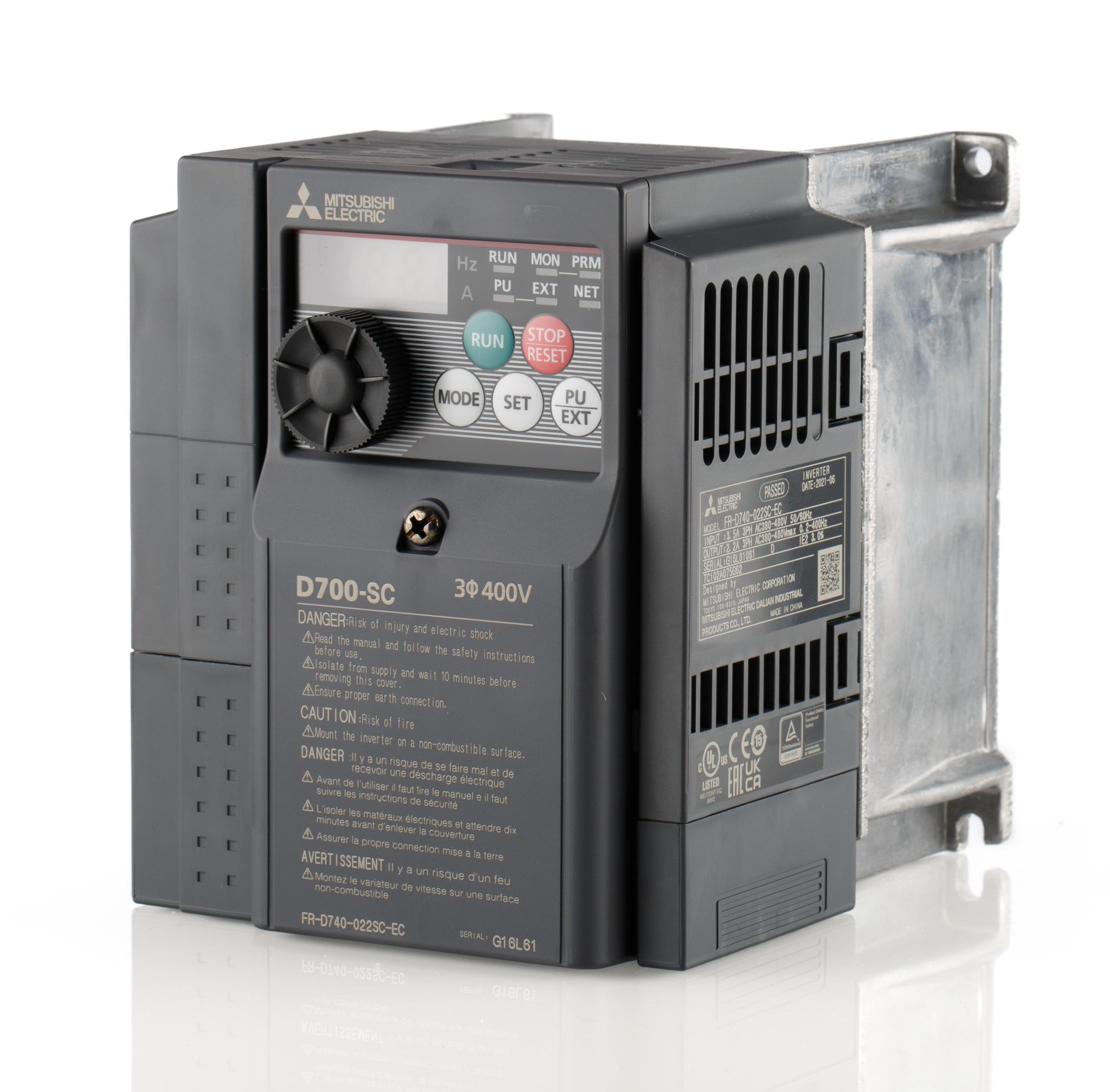 Produktfoto 1 von Mitsubishi FR-D740, 3-Phasen Frequenzumrichter 1,5 kW, 400 V ac / 3,6 A 0.2 → 400Hz für Wechselstrommotoren