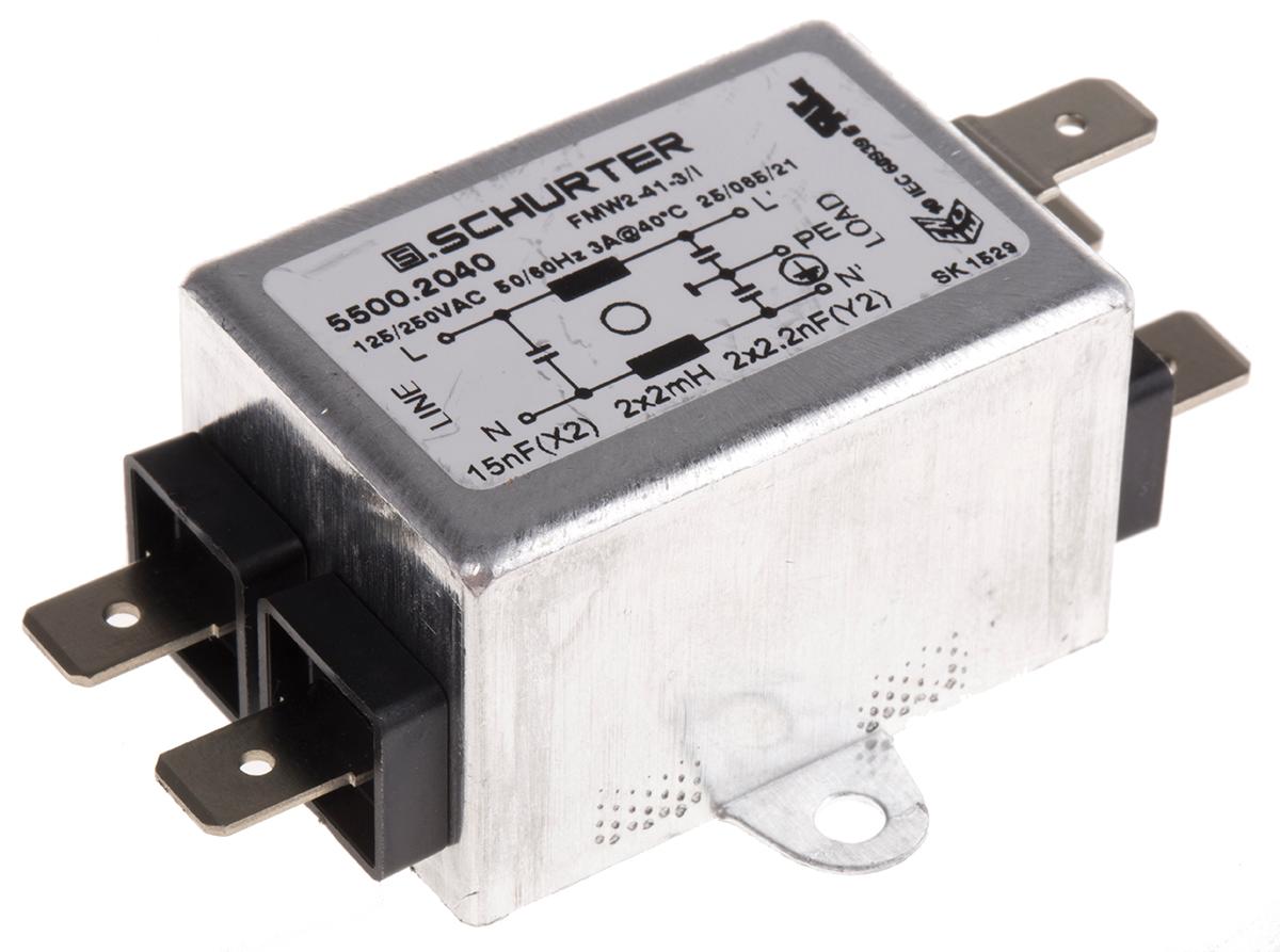 Produktfoto 1 von Schurter FMW2 Entstörfilter, 250 V ac, 3A, Frontplattenmontage, Lötanschluss, 1-phasig 0,25 mA / 60Hz Single Stage