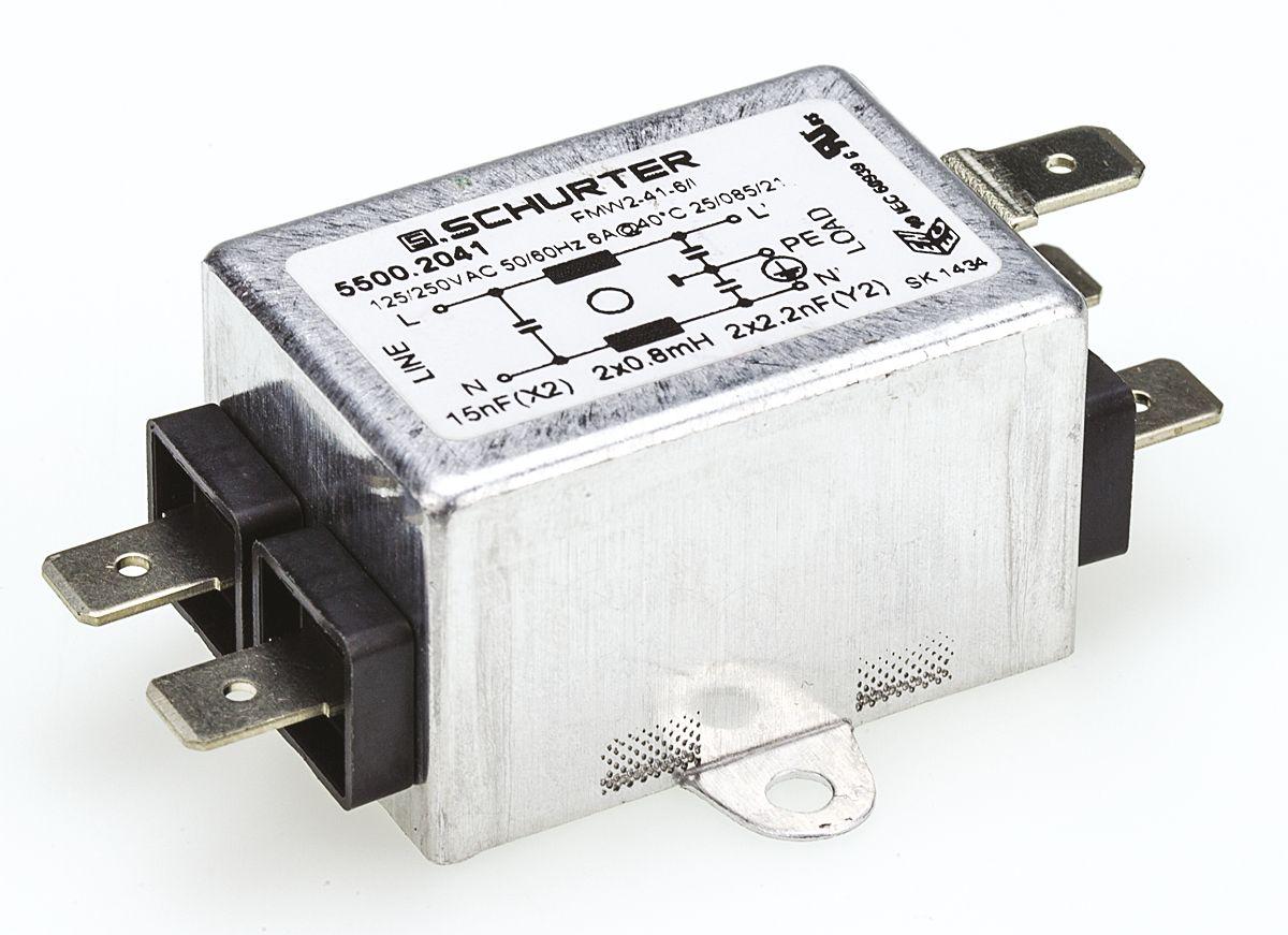 Produktfoto 1 von Schurter FMW2 Entstörfilter, 250 V ac, 6A, Frontplattenmontage, Lötanschluss, 1-phasig 0,25 mA / 60Hz Single Stage