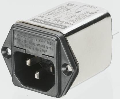 Produktfoto 1 von Schaffner C14 IEC-Anschlussfilter Stecker 5 x 20mm Sicherung, 250 V ac / 4A, Tafelmontage / Flachsteck-Anschluss