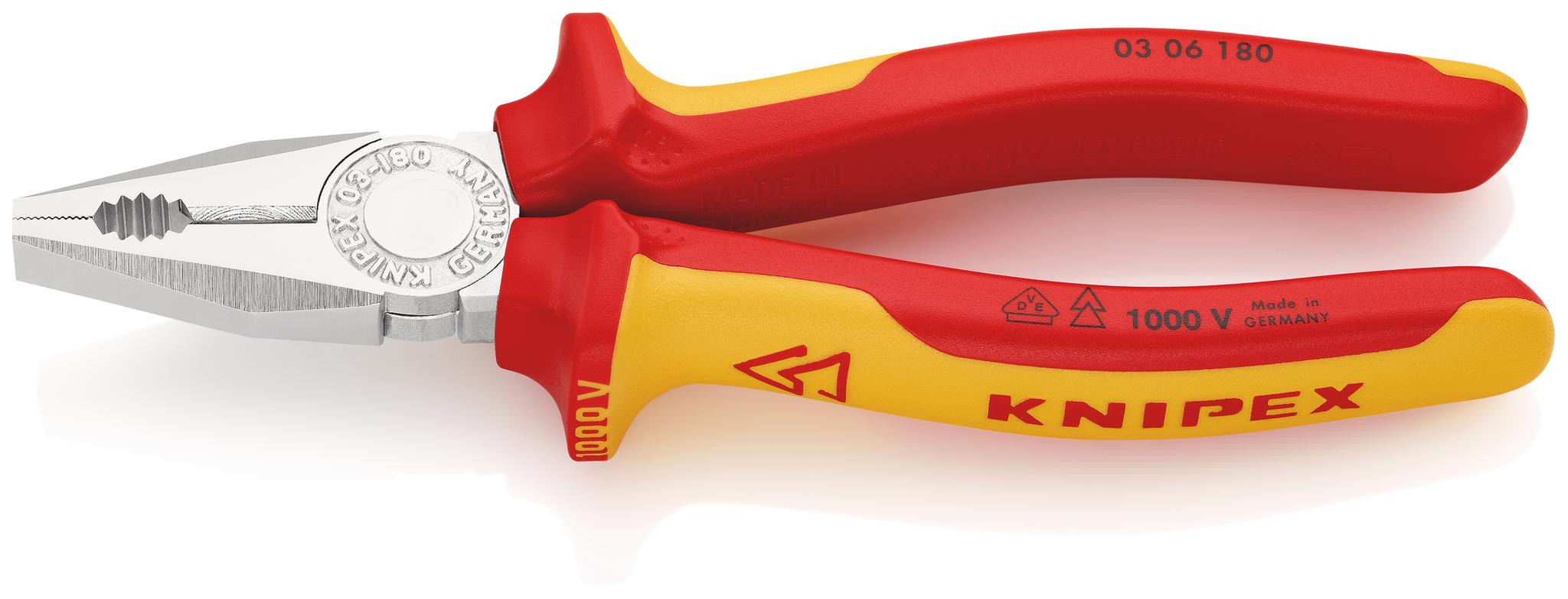 Produktfoto 1 von Knipex Kombizange , gebogen Schneidkraft → Kupferkabel: 12 mm Hartdraht: 2,2 mm Mittelharter Draht: 3,4 mm 180 mm VDE