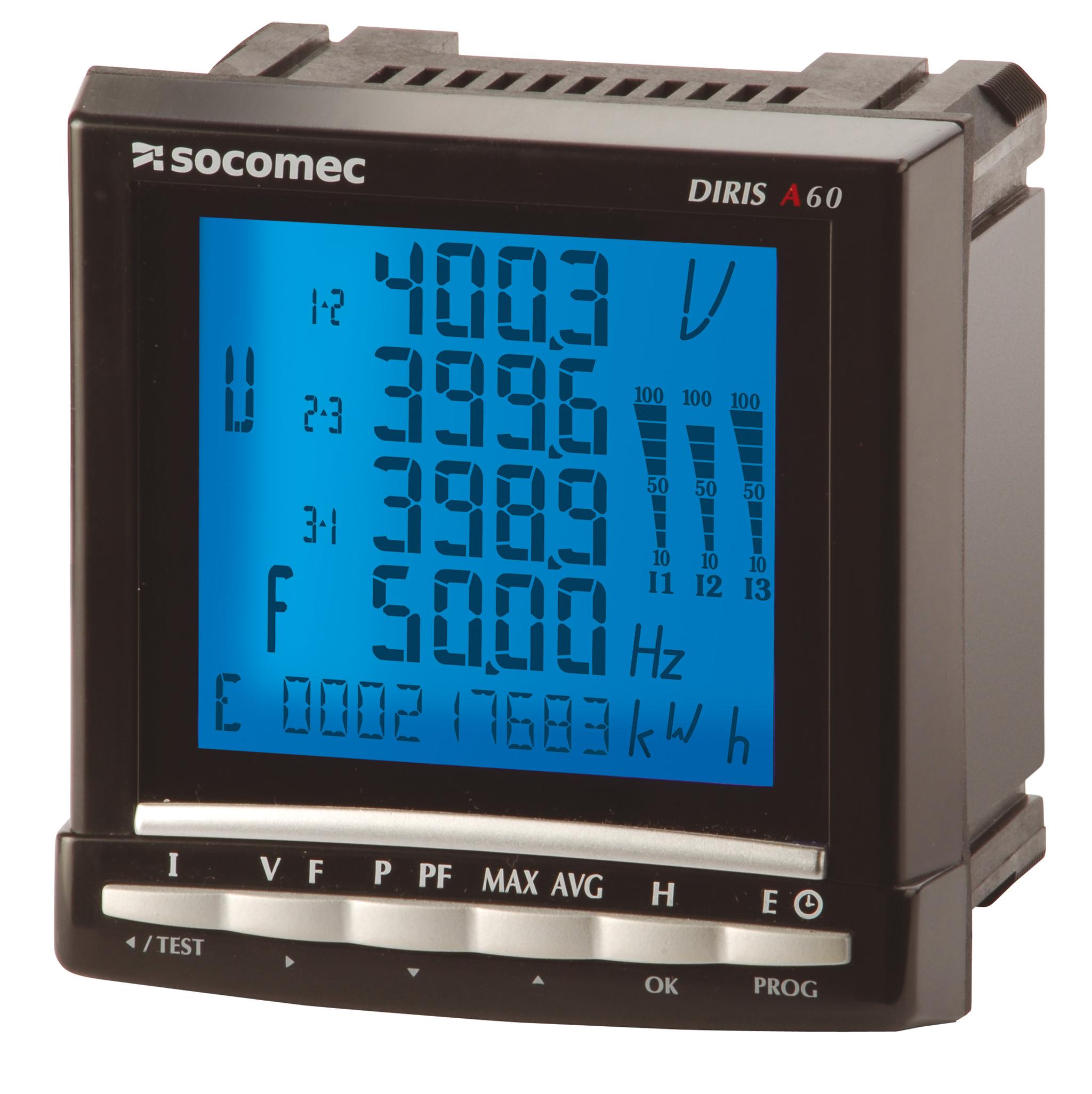 Produktfoto 1 von Socomec LCD Einbaumessgerät für Strom, Frequenz, Leistung, Leistungsfaktor, Spannung H 96mm B 96mm T. 80mm