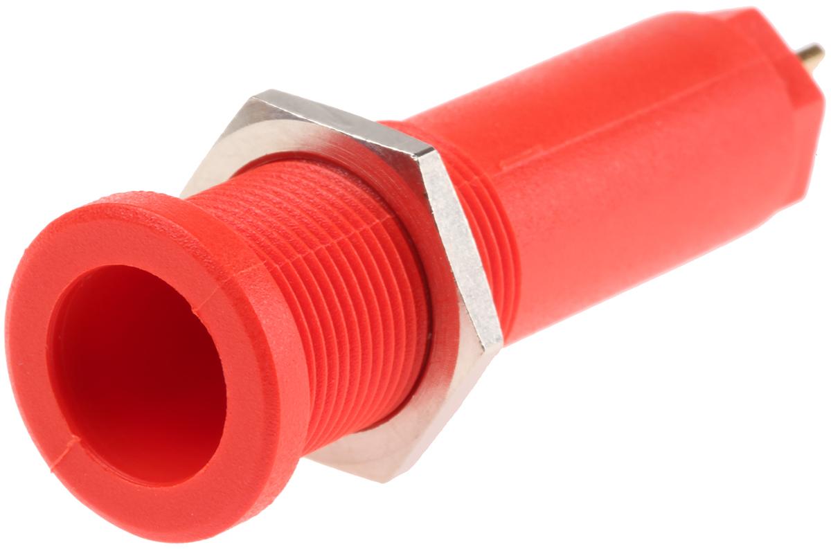 Produktfoto 1 von Stäubli 4 mm Bananenbuchse Rot, Kontakt vergoldet, 1000V / 10A Flachstecker