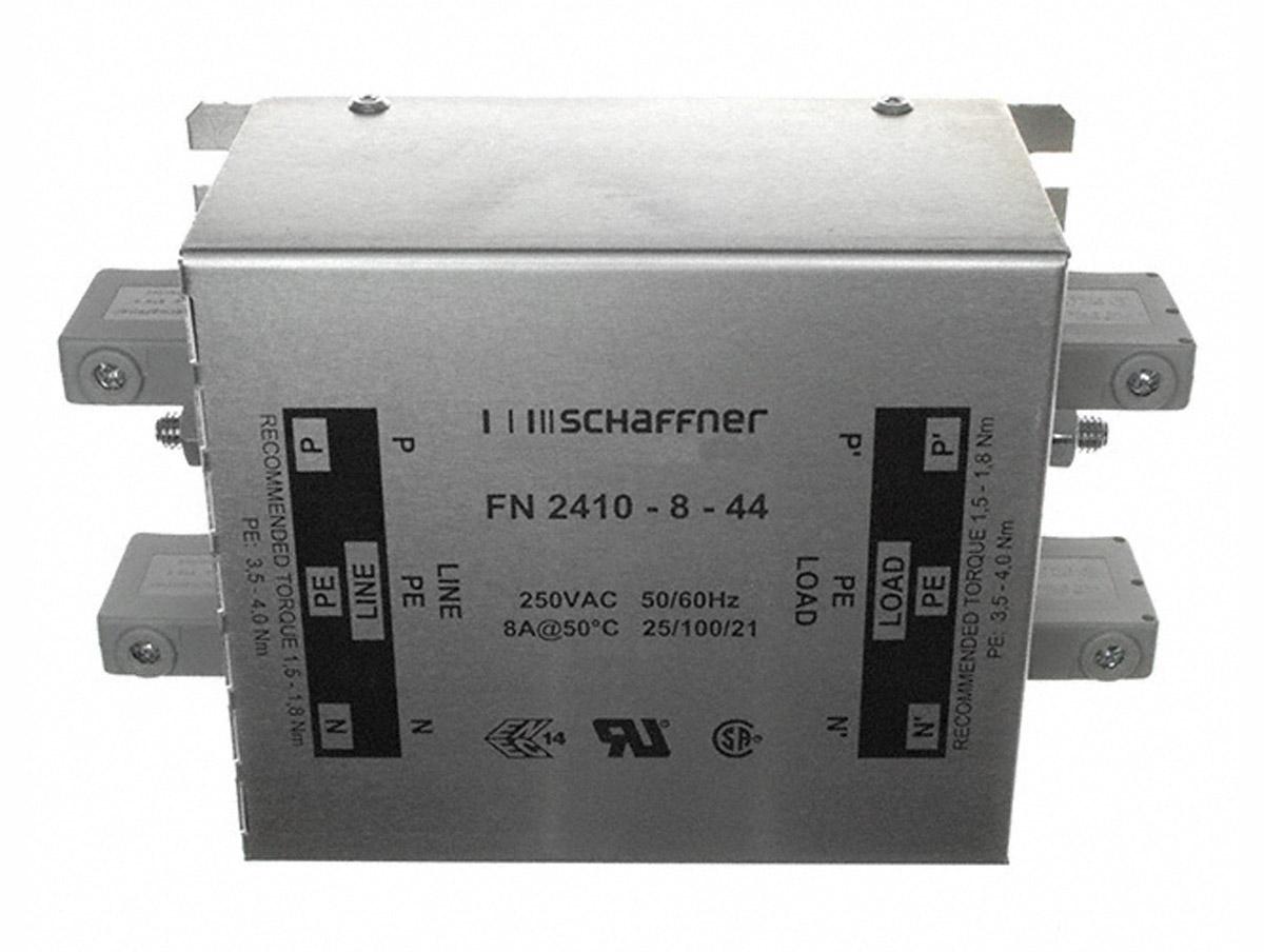 Produktfoto 1 von Schaffner FN2410 Entstörfilter, 250 V ac, 8A, Gehäusemontage 2.6W, Schraub, 1-phasig 3,4 mA / 400Hz Single Stage