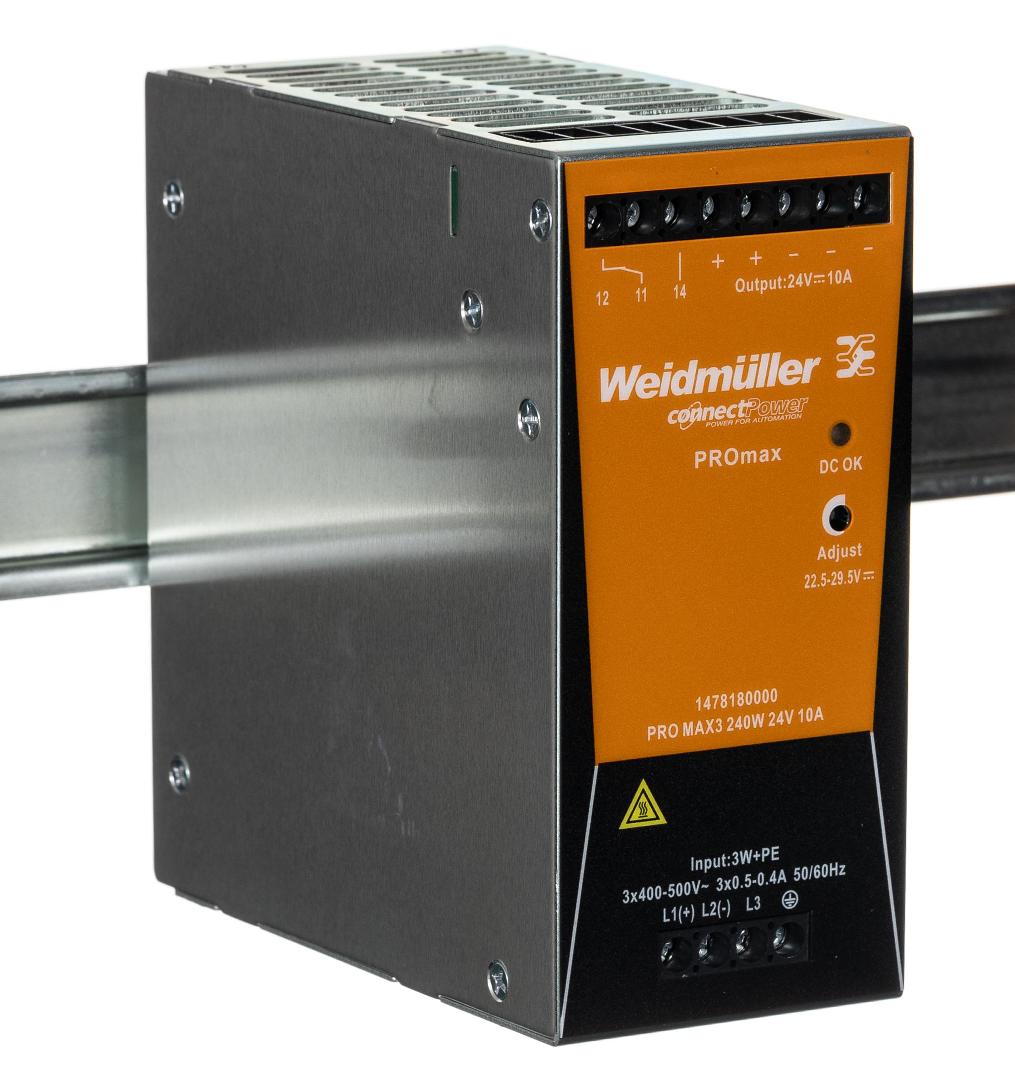 Produktfoto 1 von Weidmüller PRO MAX 3-Phasen Schaltnetzteile DIN-Schienen Netzteil 240W, 320 → 575V ac, 24V dc / 10A