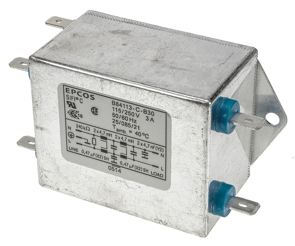 EPCOS B84113C Entstörfilter, 250 V ac, 3A, Gehäusemontage, Flachstecker, 1-phasig 0,369 mA / 50 → 60Hz Two Stage