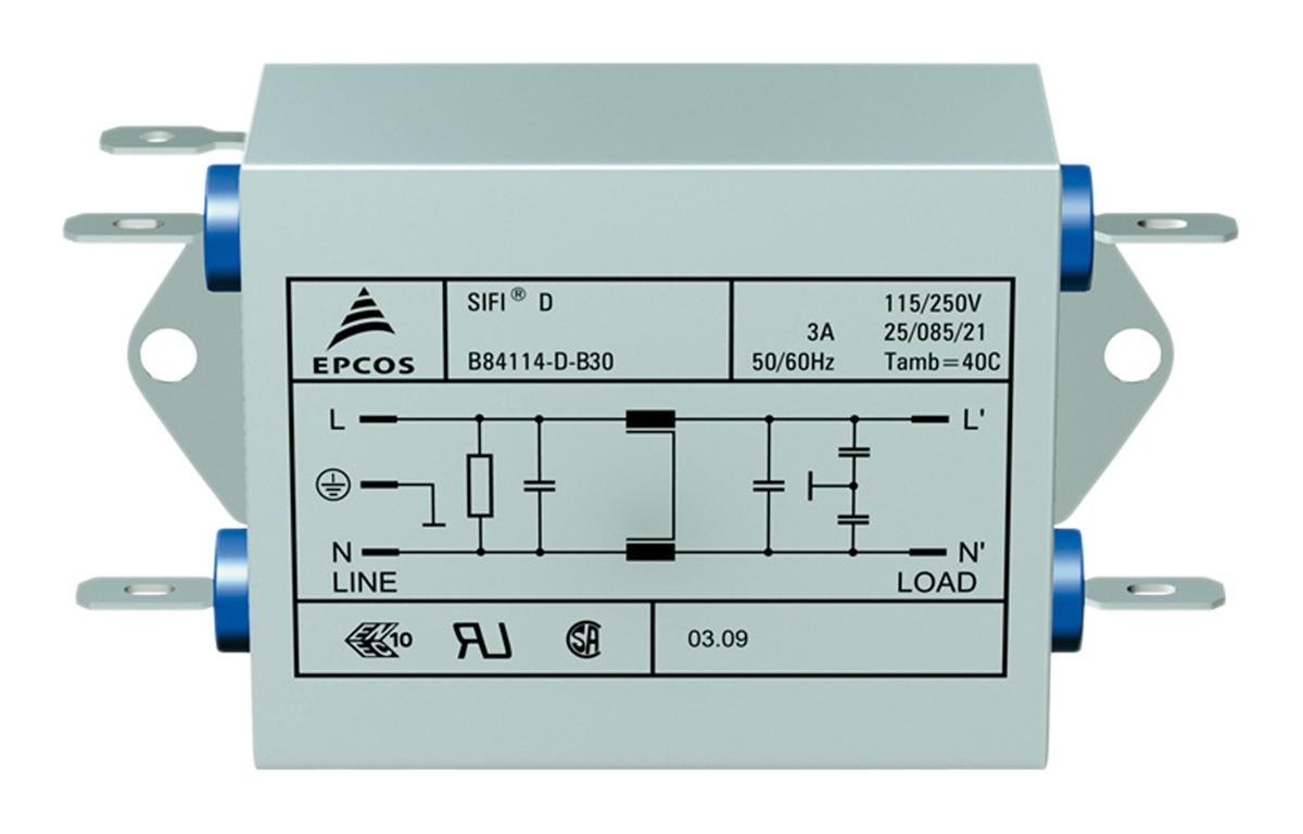 EPCOS B84114D Entstörfilter, 250 V ac, 3A, Flanschmontage, Flachstecker, 1-phasig 0,369 mA / 50 → 60Hz Single