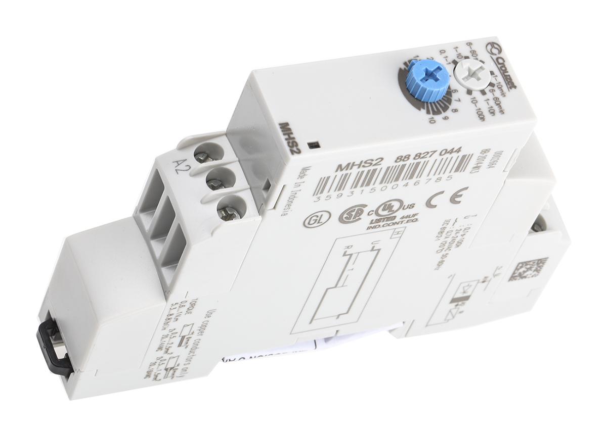 Produktfoto 1 von Crouzet Zeitrelais, DIN-Schienen, 0.1 s → 100h, 24 → 240V ac, 1 Kont. Einfach, Halbleiter