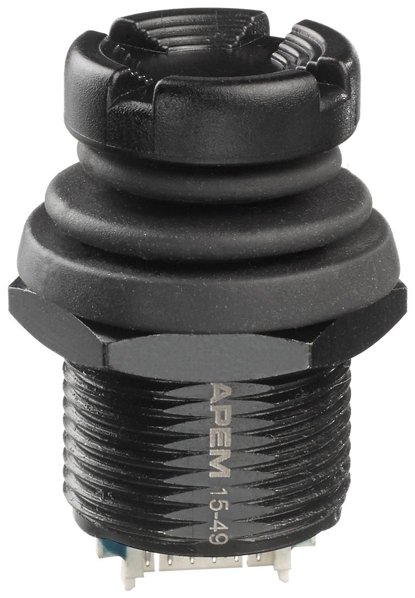 Produktfoto 1 von APEM Daumenstick, 3-Achsen Tastend, 6 PST, 12V dc / 50 mA, IP67, IP69K Griff Typ Burg