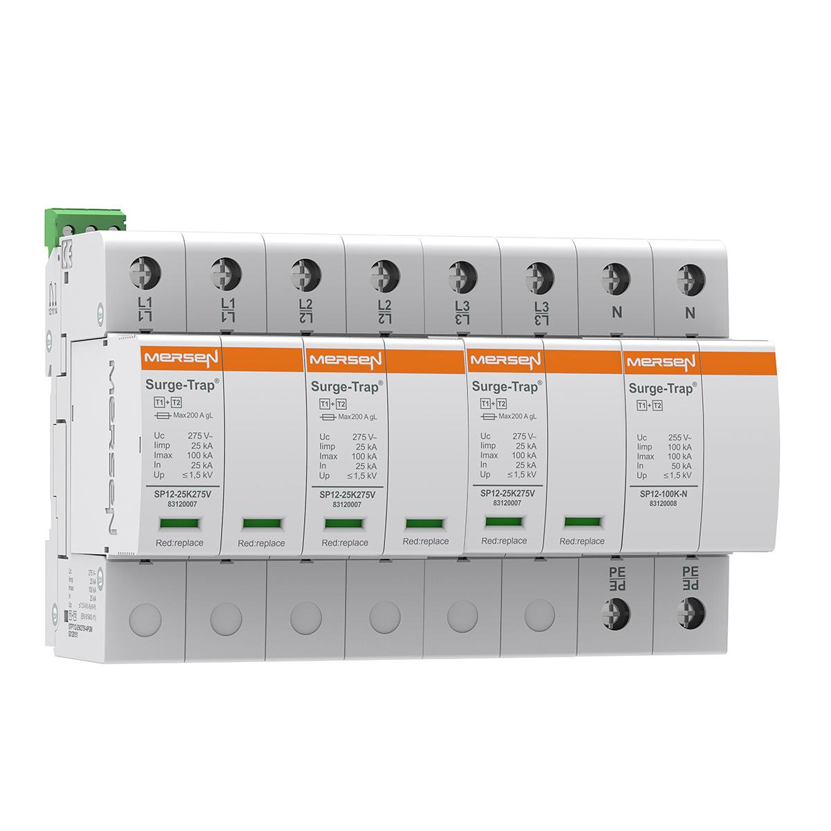 Produktfoto 1 von Mersen STPT12 Überspannungsschutzgerät Mersen SPD-Überwachung Typ 1+2 25kA 275 V dc, 230/400 V ac, DIN-Schienen