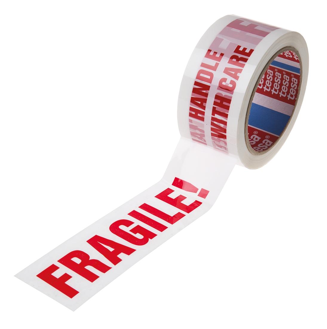 Produktfoto 1 von Tesa 6120 Paketband, PVC, Rot/Weiß, 50mm x 66m mit Aufdruck: "FRAGILE"