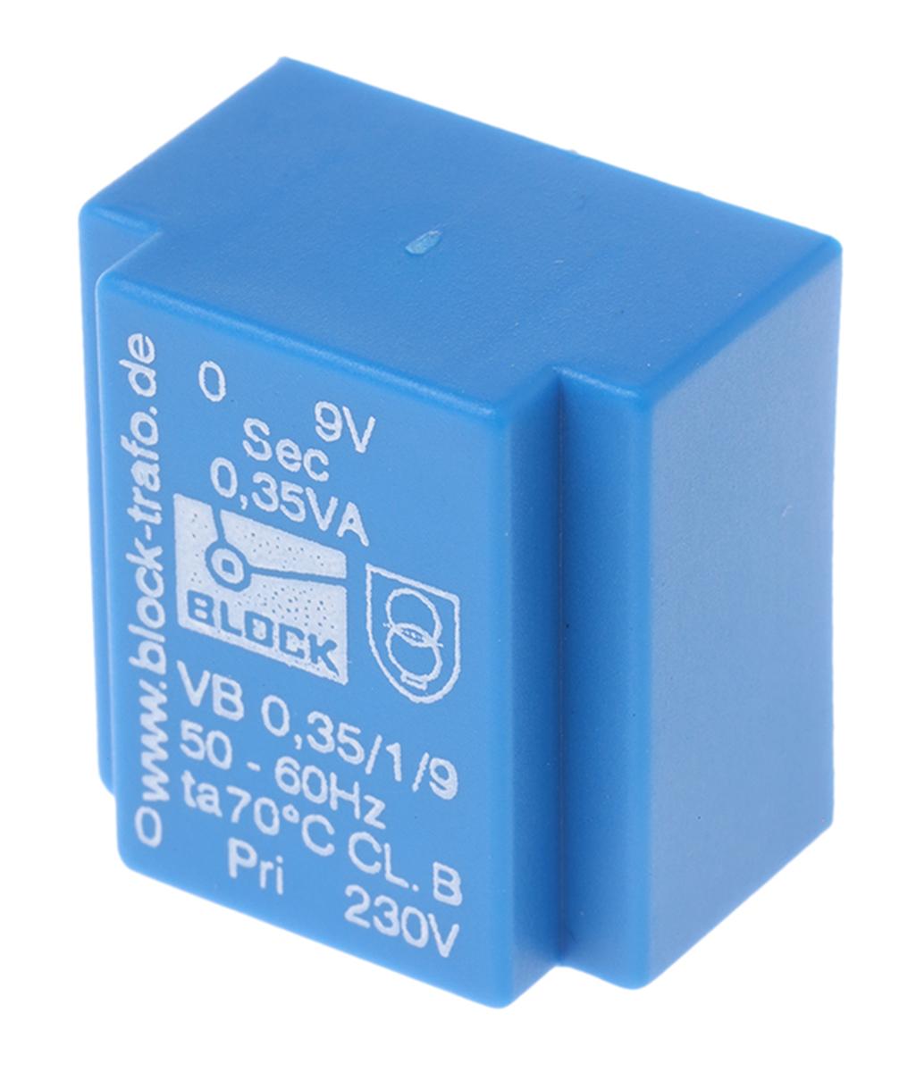 Block Printtrafo, Trafo 230V ac / 9V ac 0.35VA 1 Ausg. 22mm x 22.7mm x 15mm 20g Durchsteckmontage