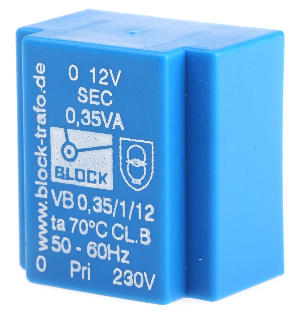 Block Printtrafo, Trafo 230V ac / 12V ac 0.35VA 1 Ausg. 22mm x 22.7mm x 15mm 20g Durchsteckmontage