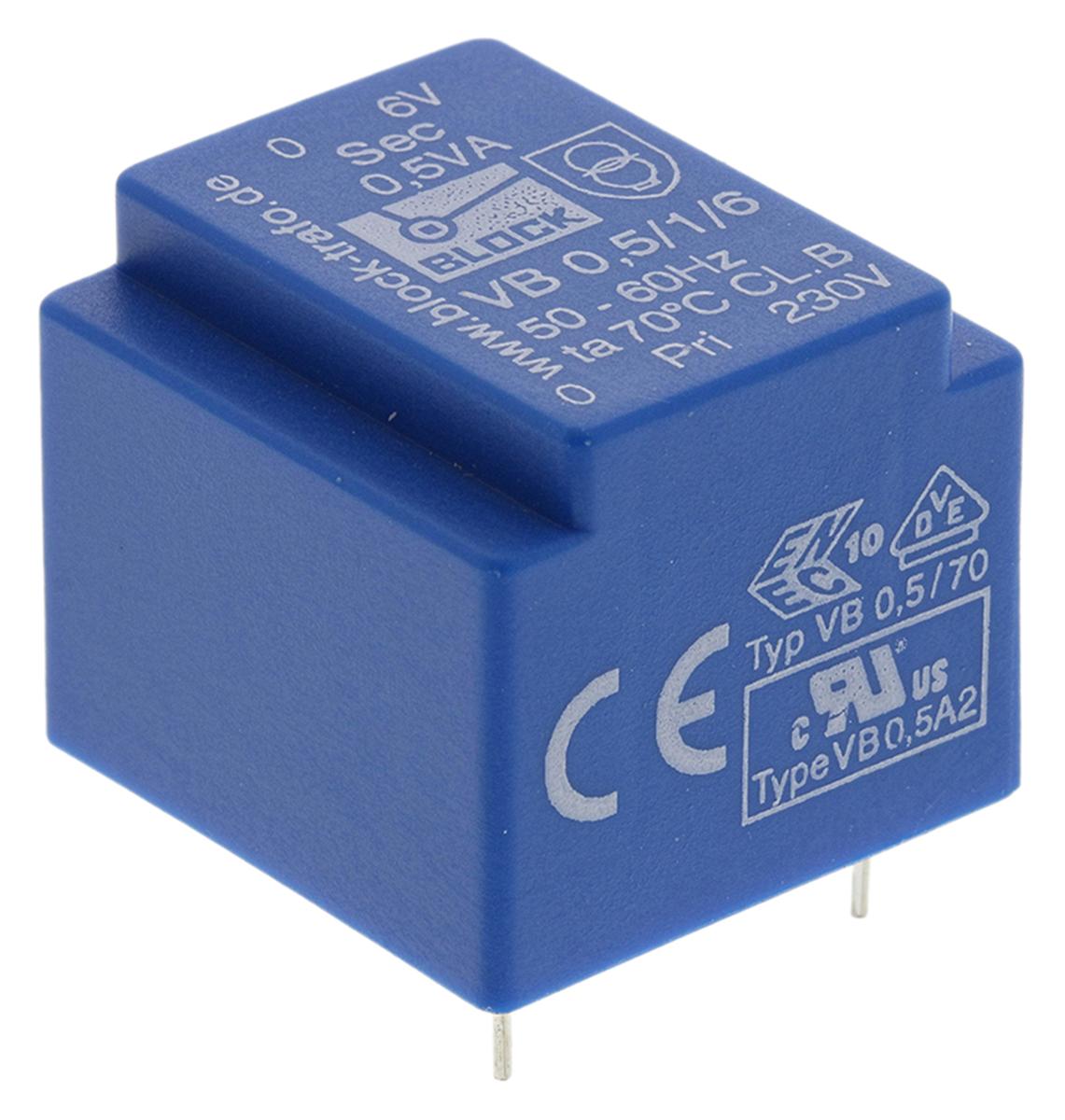 Block Printtrafo, Trafo 230V ac / 6V ac 0.5VA 1 Ausg. 22mm x 22.7mm x 19mm 40g Durchsteckmontage