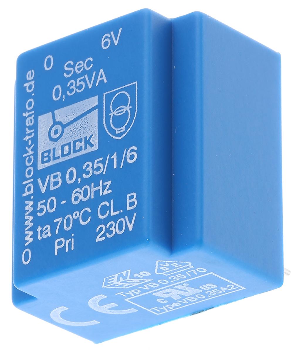 Block Printtrafo, Trafo 230V ac / 6V ac 0.35VA 1 Ausg. 22mm x 22.7mm x 15mm 20g Durchsteckmontage