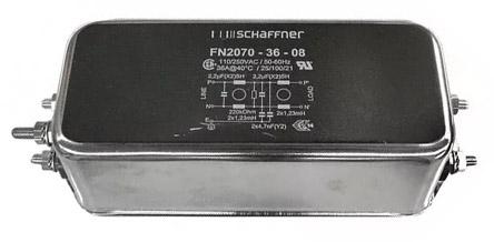 Produktfoto 1 von Schaffner FN2070 EMV-Filter, 250 V ac, 36A, Gehäusemontage 13.1W, Bolzen, 1-phasig 0,867 mA / 400Hz Two Stage Zustände