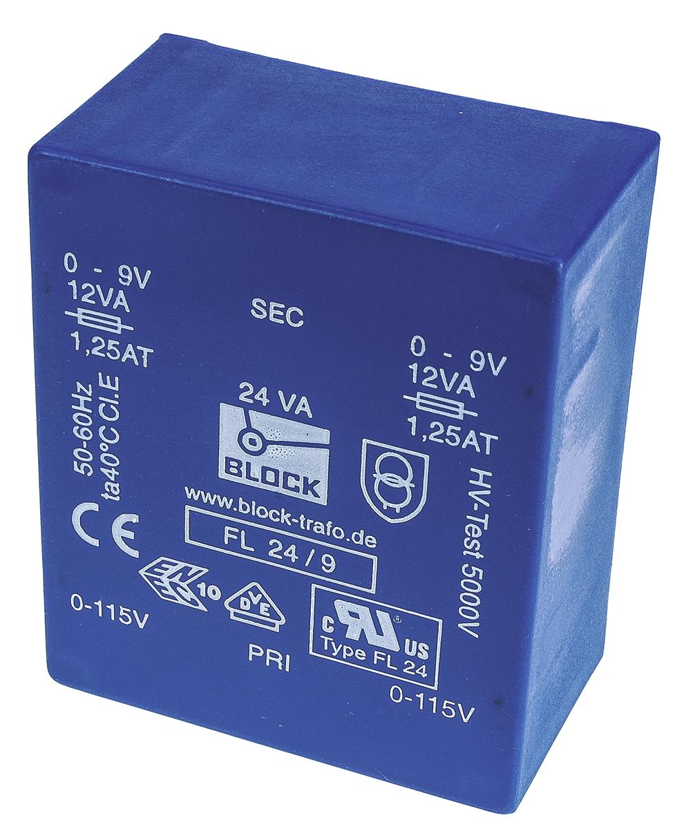 Block Printtrafo, Trafo 115V ac, 230V ac / 9V ac 24VA 2 Ausg. 68mm x 31.4mm x 57mm 445g Durchsteckmontage