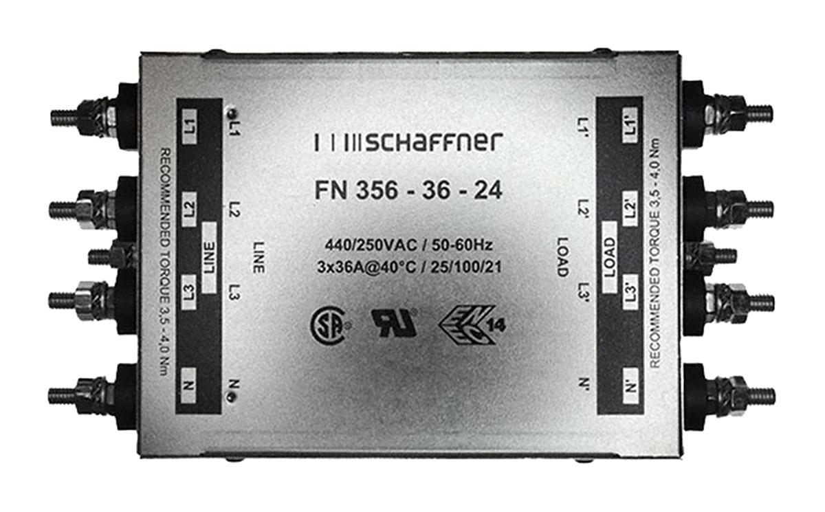 Produktfoto 1 von Schaffner FN 356 Entstörfilter, 440 V ac, 36A, Gehäusemontage 10.9W, Flachstecker, 3-phasig 0,43 mA / 60Hz Single Stage