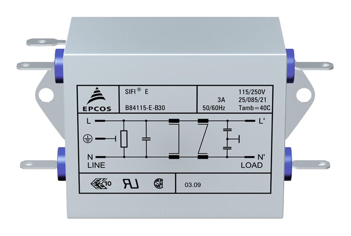 EPCOS B84115E Entstörfilter, 250 V ac/dc, 10A, Flanschmontage, Flachstecker, 1-phasig 1,73 mA / 60Hz Two Stage Zustände