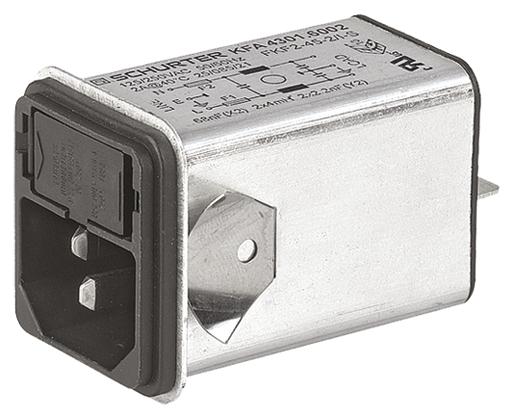 Produktfoto 1 von Schurter C14 IEC-Steckerfilter Stecker 5 x 20mm Sicherung, 125 V ac, 250 V ac / 10A, Snap-In / Flachsteck-Anschluss