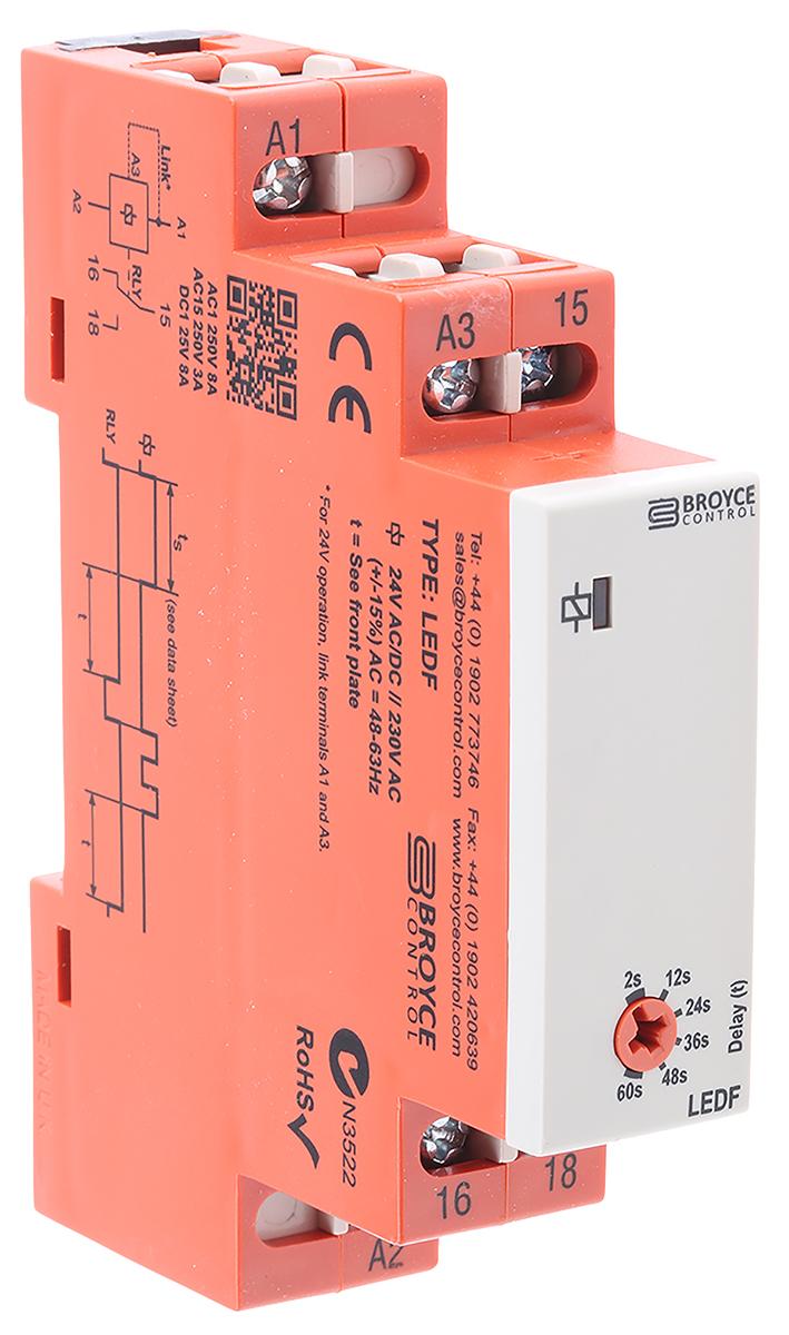 Produktfoto 1 von Broyce Control Zeitrelais, DIN-Schienen, 2 → 60s, 24V ac, 1 Kont. Einfach, 1-poliger Wechsler