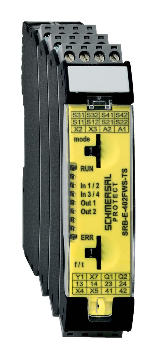 Produktfoto 1 von Schmersal Sicherheitsrelais, 24V, 2-Kanal, 2 Sicherheitskontakte Sicherheitsschalter, 2 Hilfsschalter