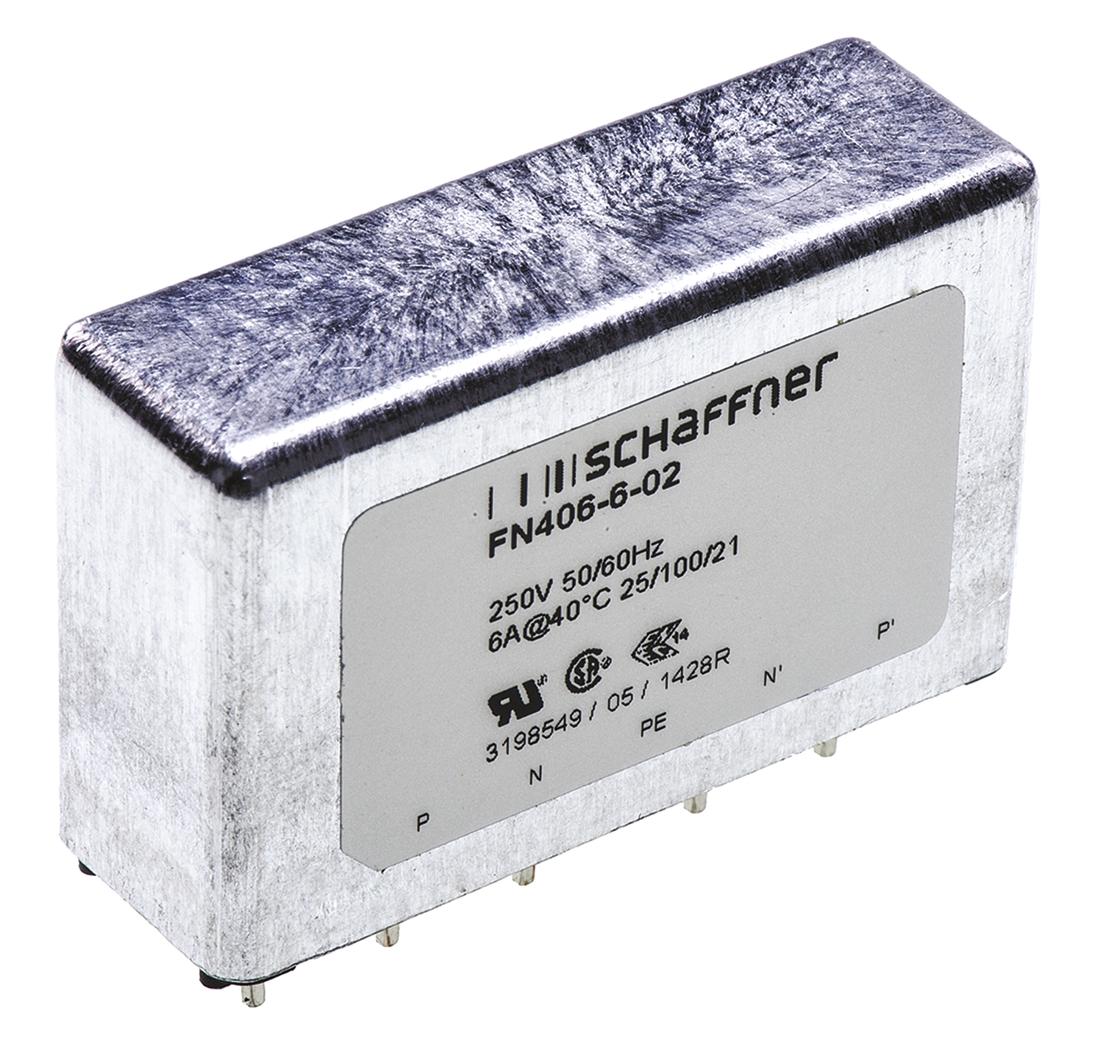 Produktfoto 1 von Schaffner FN406 Entstörfilter, 250 V ac, 6A, Durchsteckmontage, Pin, 1-phasig 0,373 mA / 400Hz Single Stage Zustände