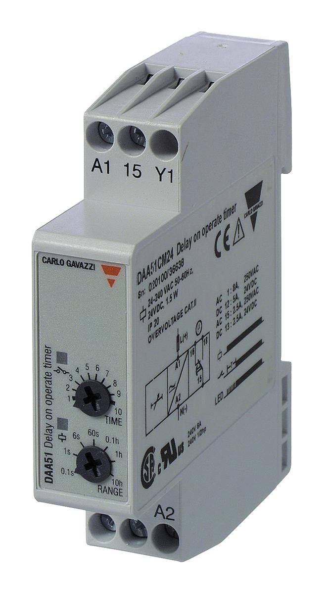 Produktfoto 1 von Carlo Gavazzi Zeitrelais, DIN-Schienen, 0.1 s → 100h, 24 → 240 V ac, 24V dc, 2 Kont. Einfach, 1-poliger