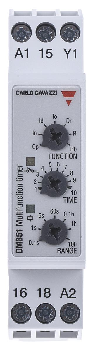 Produktfoto 1 von Carlo Gavazzi Zeitrelais, DIN-Schienen, 0.1 s → 100h, 24 → 240 V ac, 24V dc, 2 Kont. Multifunktion,