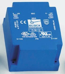 Block Printtrafo, Trafo 115V ac, 230V ac / 8V ac 42VA 2 Ausg. 83.5mm x 39mm x 70mm 715g Durchsteckmontage