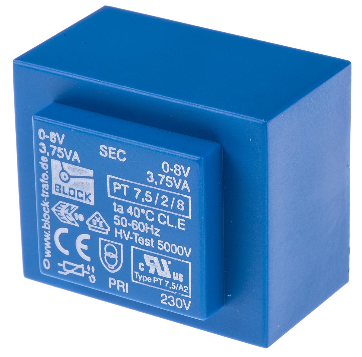 Block Printtrafo, Trafo 230V ac / 8V ac 7.5VA 2 Ausg. 51mm x 36mm x 43mm 280g Durchsteckmontage