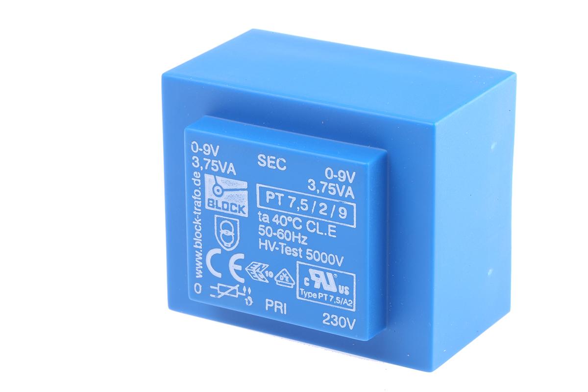 Block Printtrafo, Trafo 230V ac / 9V ac 7.5VA 2 Ausg. 51mm x 36mm x 43mm 280g Durchsteckmontage