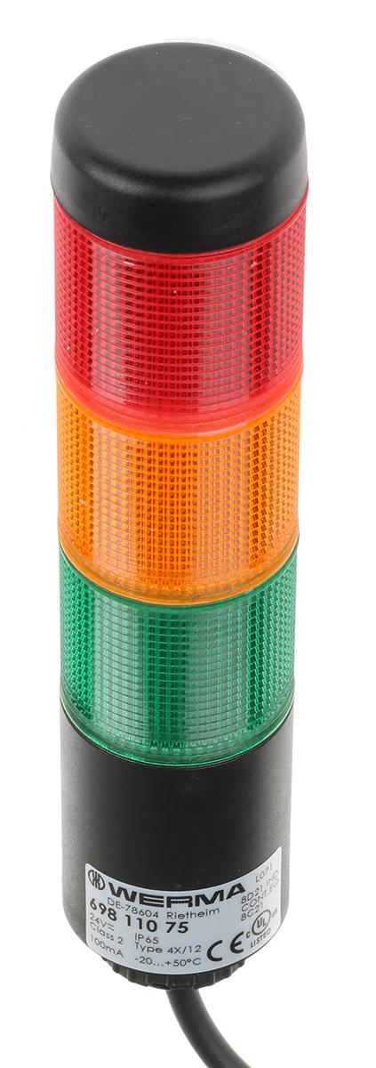 Produktfoto 1 von Werma Kompakt LED Signalturm 3-stufig Linse Rot/Grün/Gelb LED Rot/Gelb/Grün Dauer 175mm