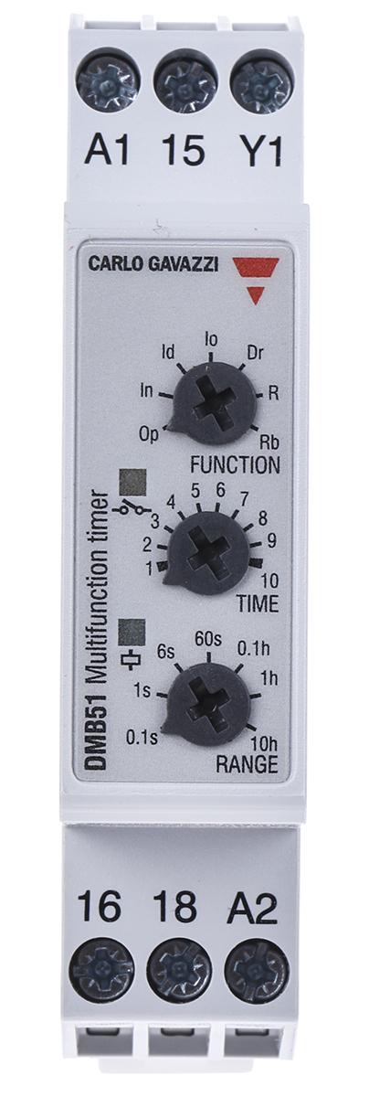 Produktfoto 1 von Carlo Gavazzi Zeitrelais, DIN-Schienen, 0.1 s → 100h, 12 → 240V ac/dc, 2 Kont. Multifunktion, 1-poliger