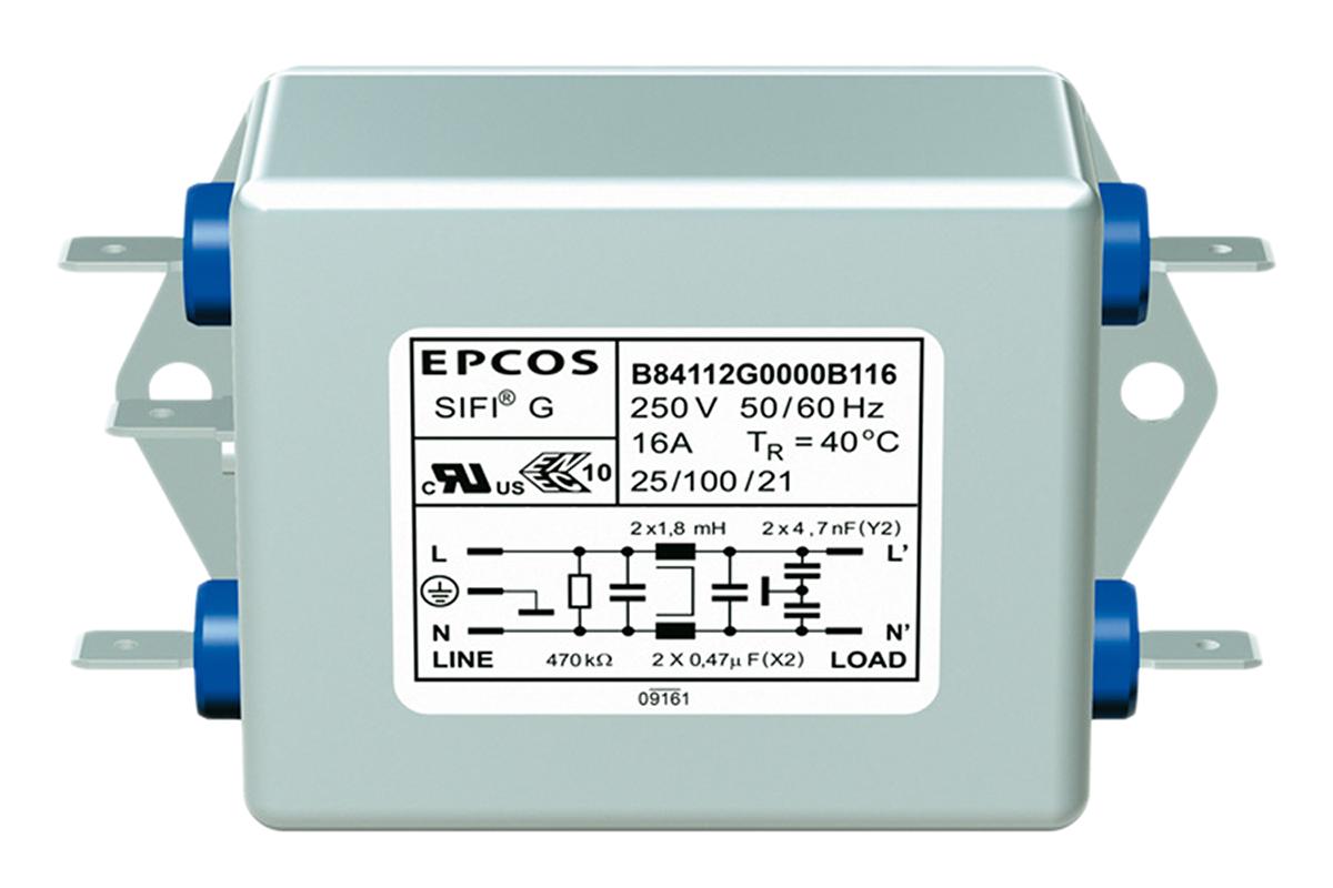 Produktfoto 1 von EPCOS B84112G EMV-Filter, 250 V ac/dc, 8A, Gehäusemontage, Flachstecker, 1-phasig 0,369 mA / 50 → 60Hz Single