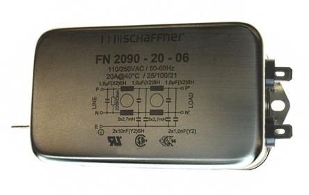 Produktfoto 1 von Schaffner FN2090 Entstörfilter, 250 V ac, 20A, Flanschmontage 8.2W, Flachstecker, 1-phasig 1,02 mA / 0 → 400Hz