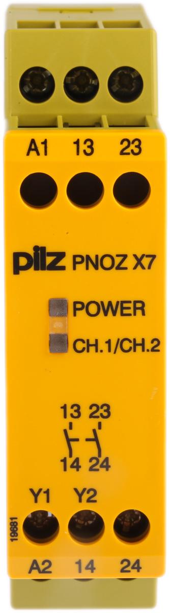 Produktfoto 1 von Pilz PNOZ X7 Sicherheitsrelais, 24V ac/dc, 1-Kanal, 2 Sicherheitskontakte Sicherheitsschalter/Verriegelung, 2 ISO