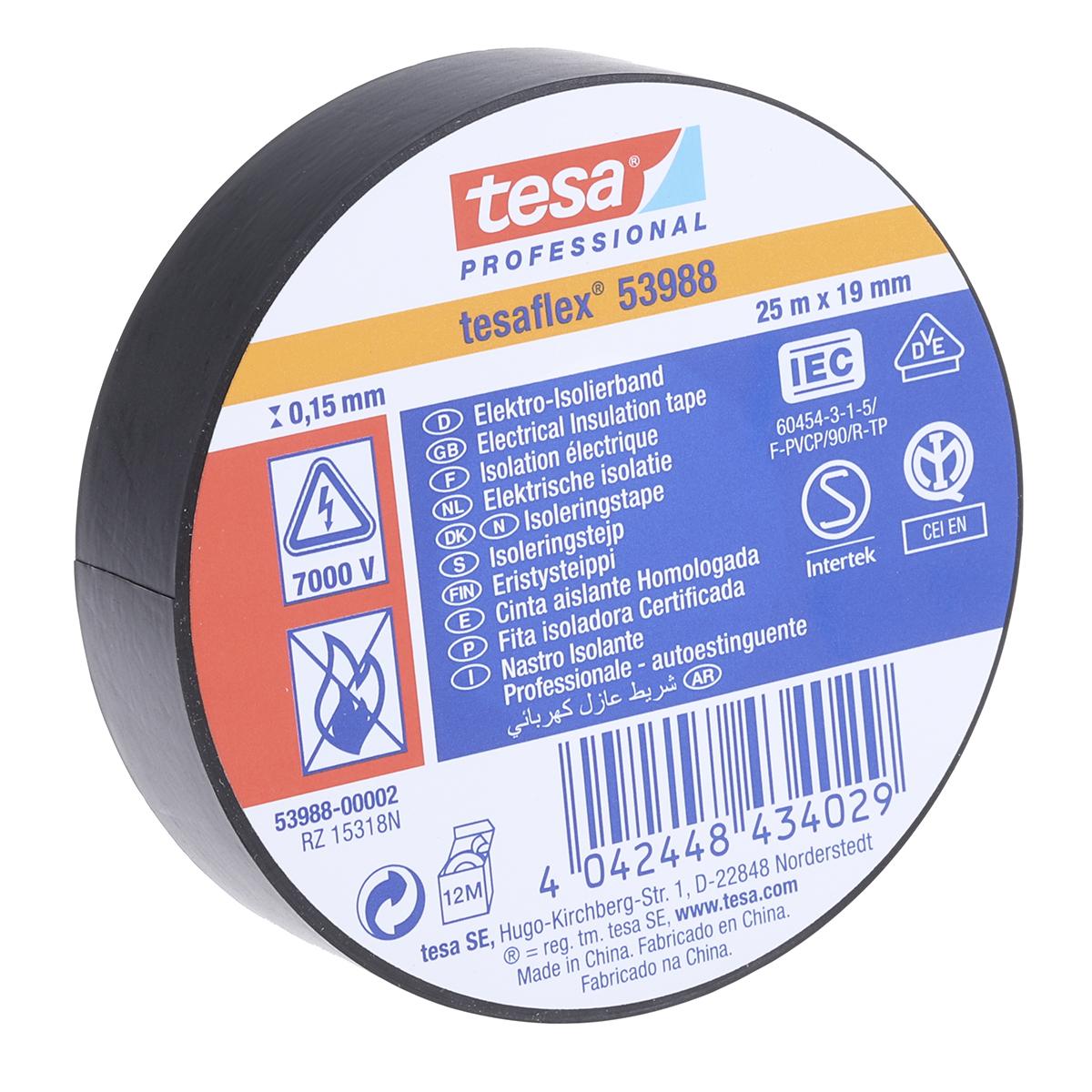 Produktfoto 1 von Tesa 53988 Isolierband, PVC Schwarz, 0.15mm x 19mm x 25m, 0°C bis +90°C