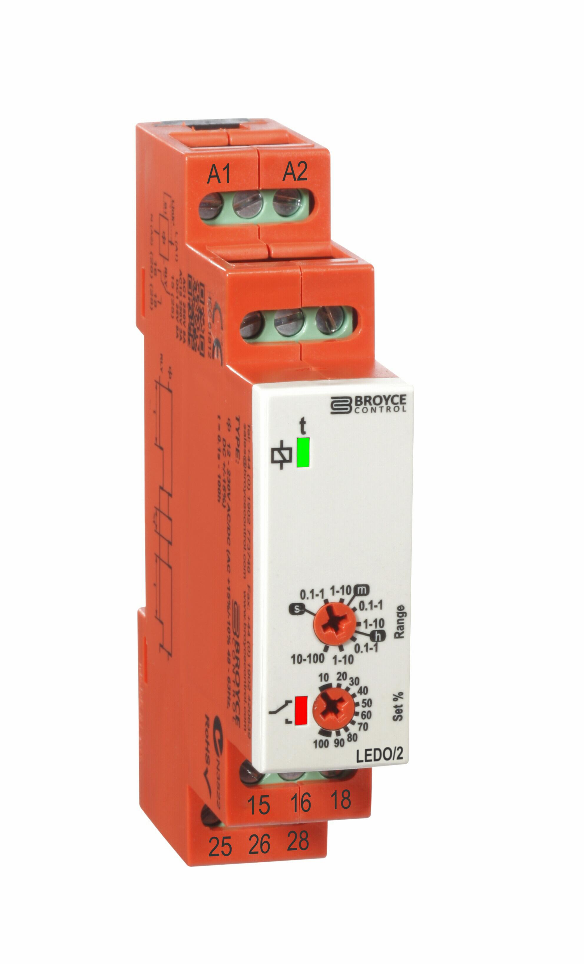 Broyce Control LEDO/2 Zeitrelais, DIN-Schienen, 0.1 s → 100h, 12 → 230V ac/dc, 2 Kont. Einfach, 2-poliger