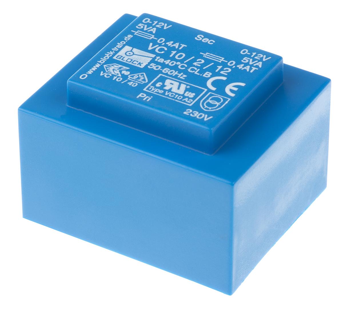 Block Printtrafo, Trafo 230V ac / 12V ac 10VA 2 Ausg. 51mm x 34.6mm x 43mm 280g Durchsteckmontage