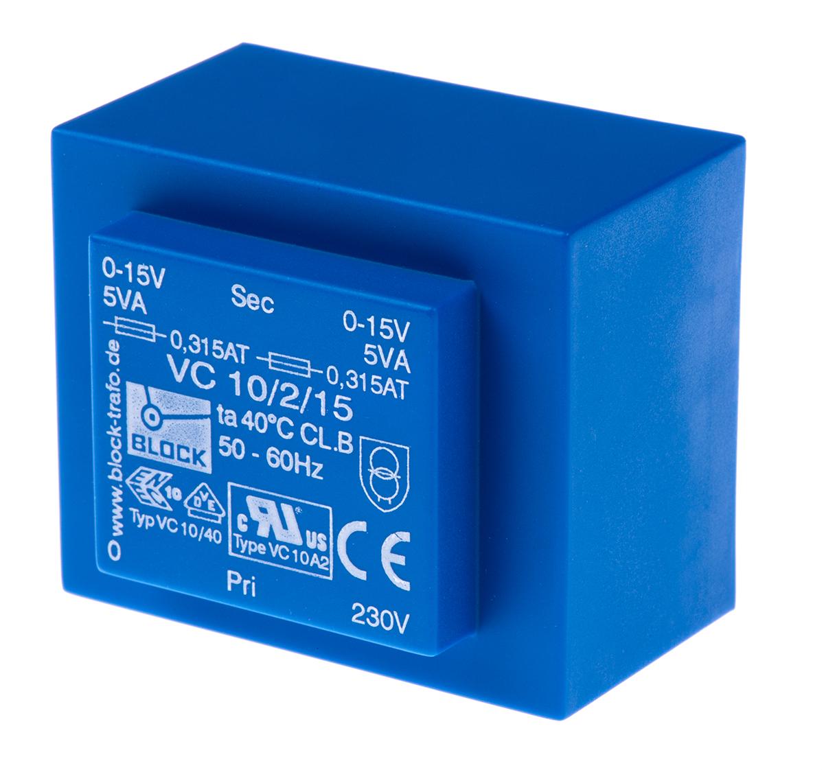 Block Printtrafo, Trafo 230V ac / 15V ac 10VA 2 Ausg. 51mm x 34.6mm x 43mm 280g Durchsteckmontage