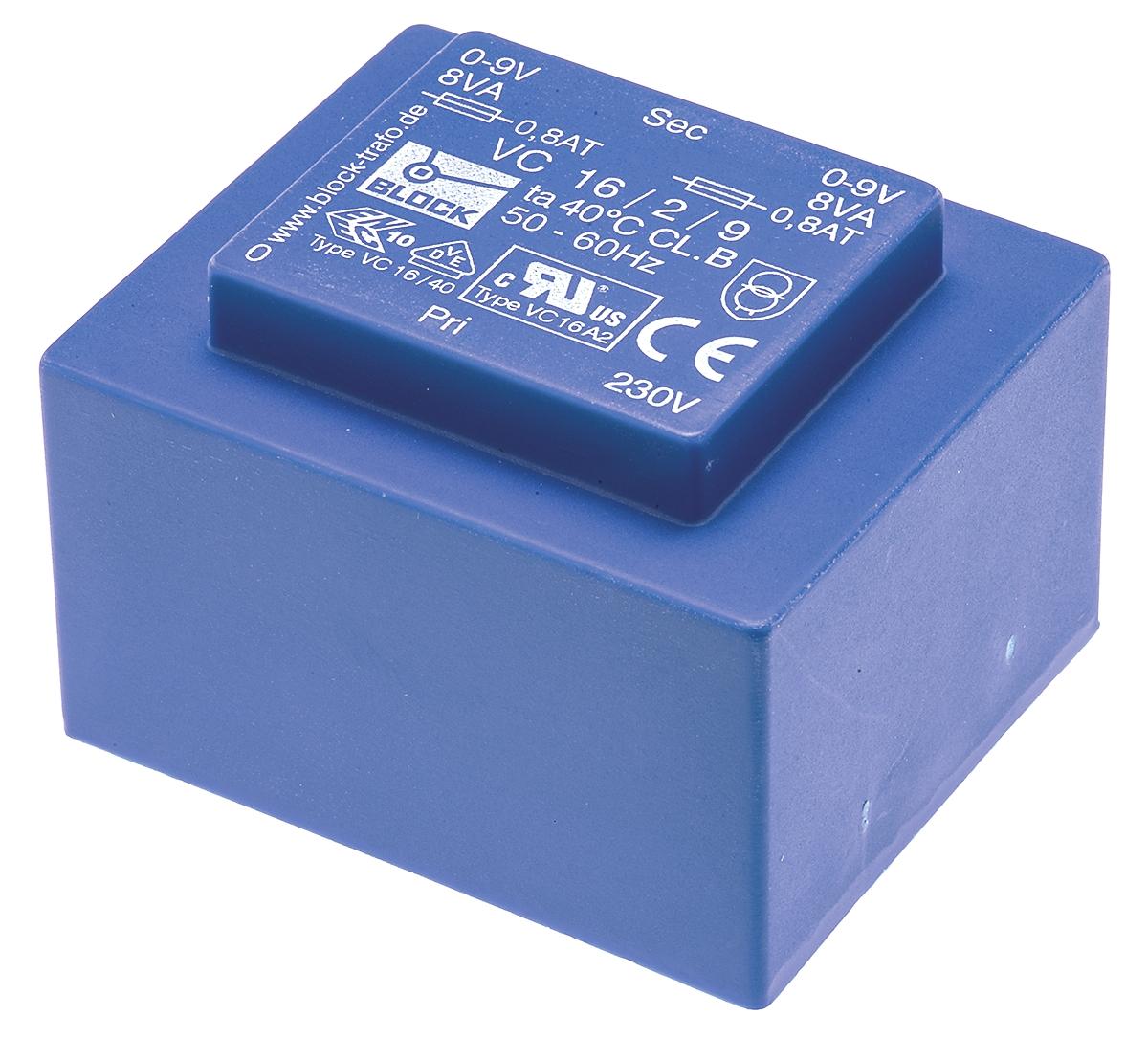 Block Printtrafo, Trafo 230V ac / 9V ac 16VA 2 Ausg. 57mm x 39mm x 48mm 420g Durchsteckmontage