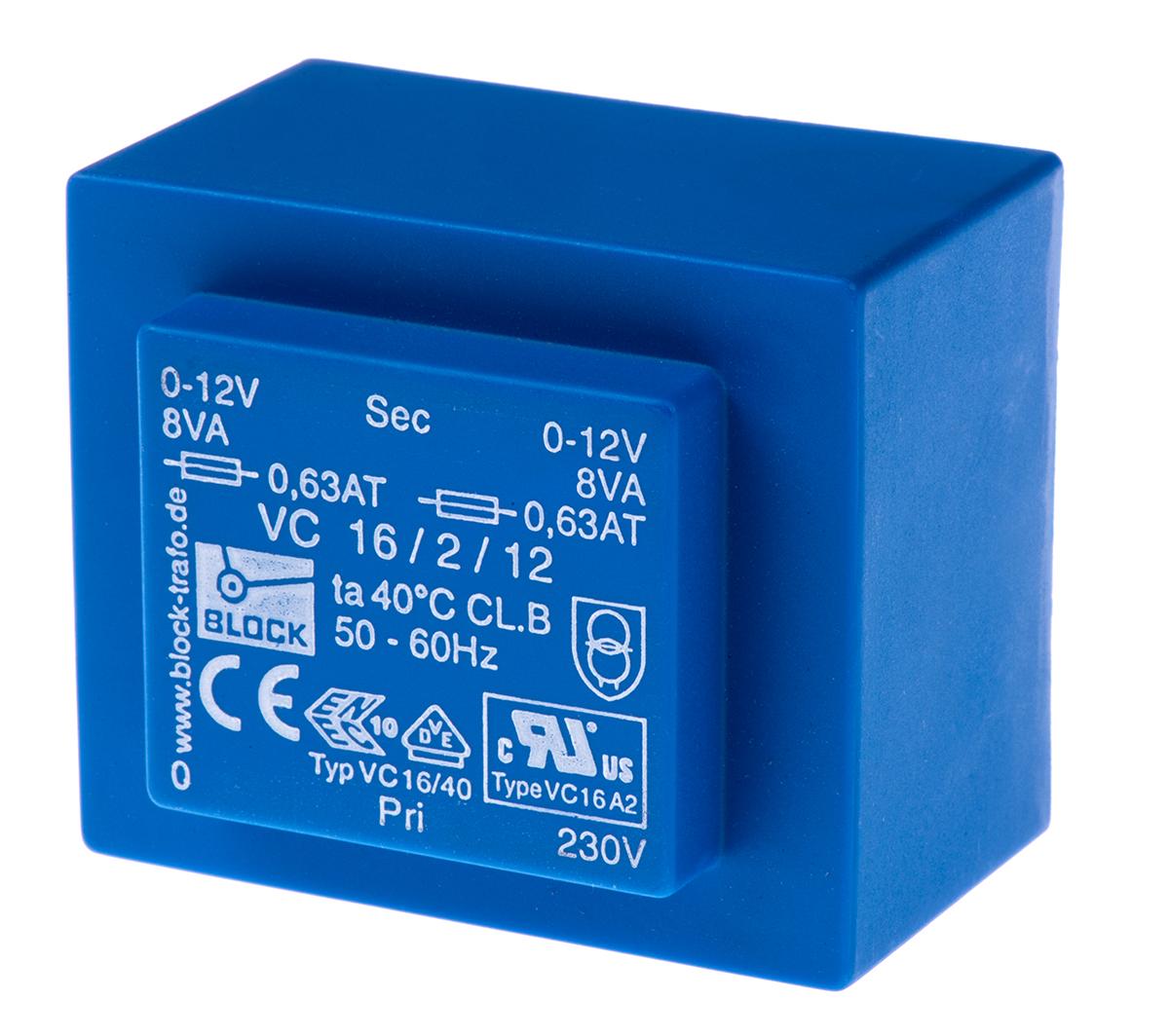 Block Printtrafo, Trafo 230V ac / 12V ac 16VA 2 Ausg. 57mm x 39mm x 48mm 420g Durchsteckmontage