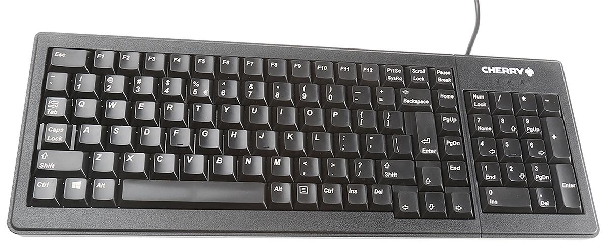 Produktfoto 1 von CHERRY Tastatur QWERTY (UNS) Kabelgebunden Schwarz PS/2, USB Kompakt, 374 x 139 x 18mm