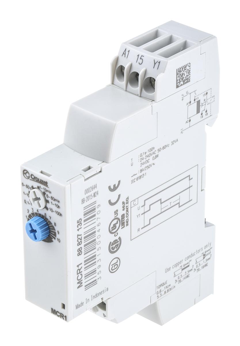 Crouzet Zeitrelais, DIN-Schienen, 0.1 s → 100h, 24 → 240 V ac, 24V dc, 1 Kont. Einfach, 1-poliger Wechsler