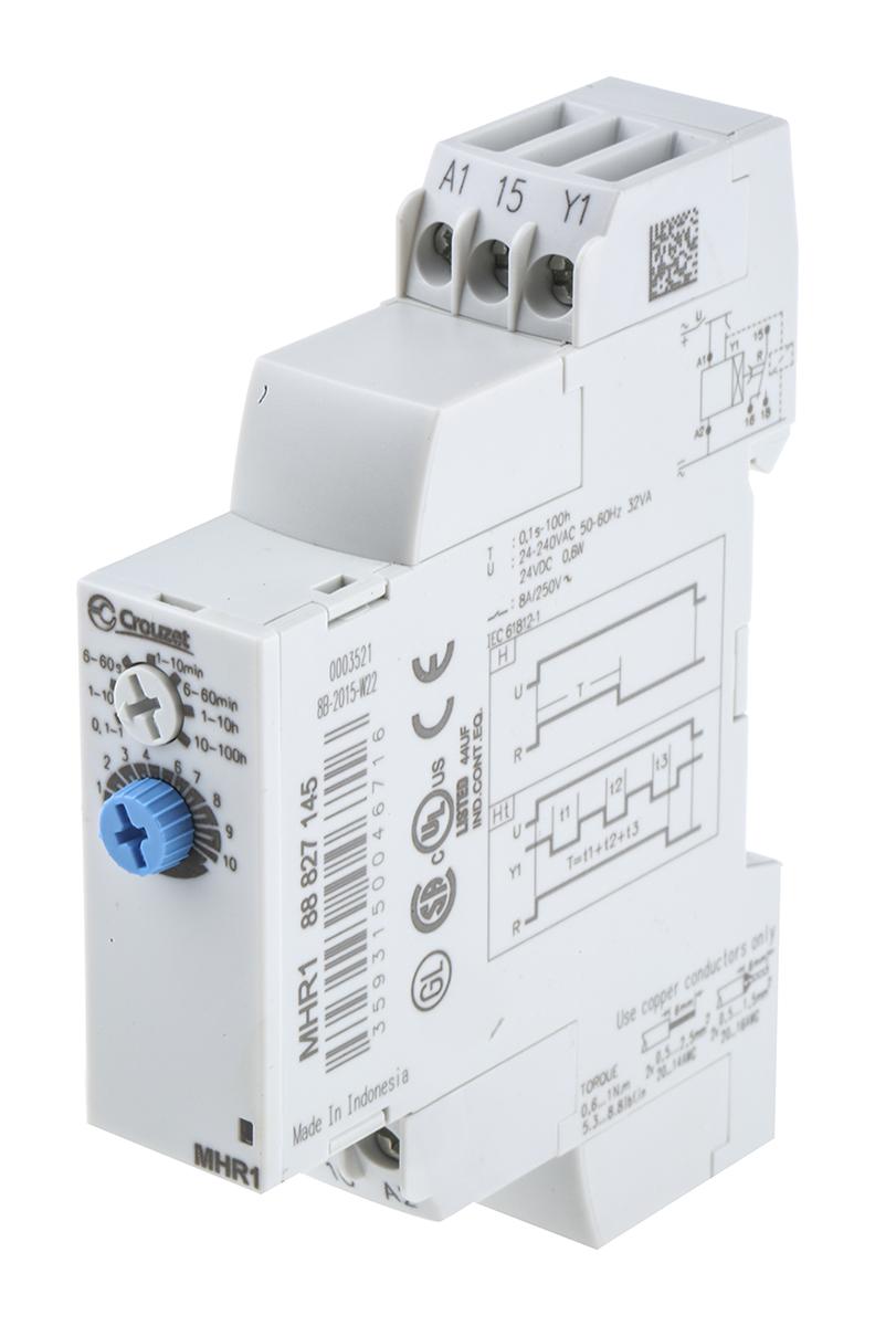 Produktfoto 1 von Crouzet Zeitrelais, DIN-Schienen, 0.1 s → 100h, 24 → 240 V ac, 24V dc, 1 Kont. Einfach, 1-poliger Wechsler